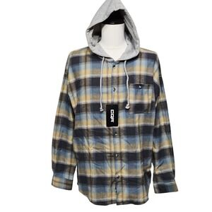 CQR Shirt Mens Large Blue Yellow Plaid Hooded Flannel Button Up Casual Jacket